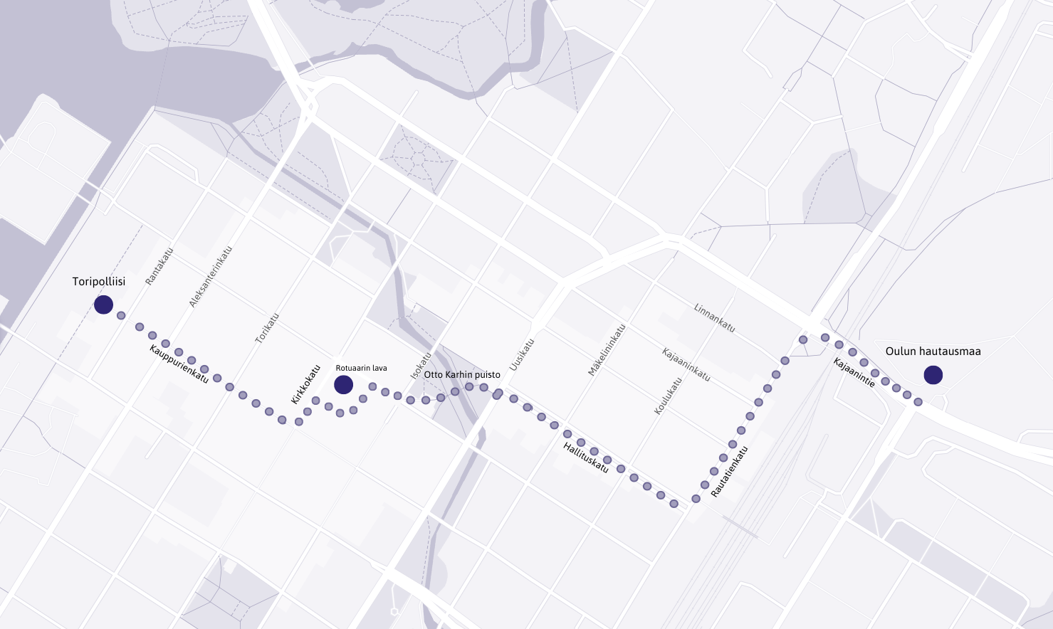 Kartta soihtukulkueen reitistä. Reitti kulkee Kauppatori - Kauppurienkatu - Kirkkokatu - Rotuaarin lava - Pakkahuoneenkatu - Otto Karhin puisto - Hallituskatu - Rautatienkatu - Kajaanintie - Oulun hautausmaa